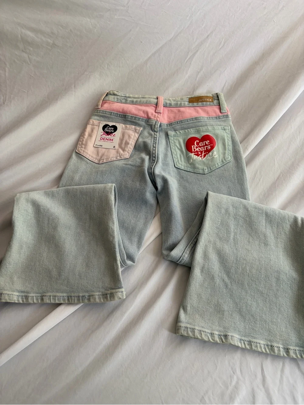 Justice Y2K Blue Denim Jacket (M)  & Jeans (size 8)with Pink Bear Patches NWT